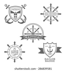 Set of monochrome vector nautical emblems on white background