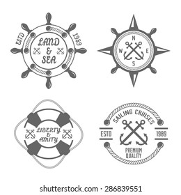 Set of monochrome vector nautical labels on white background 
