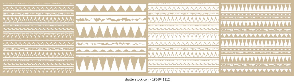 Set of Monochrome vector pastel beige white abstract geometric seamless border tribal pattern. Illustration contains graphic lines, dots, triangles. Horizontal and stripes for textiles or wallpaper