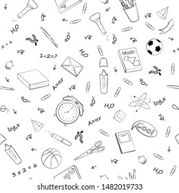 Set of monochrome vector seamless pattern with school supplies and stationery. Bundle of accessories for lessons, items for education of smart pupils and students. Linear hand drawn illustration