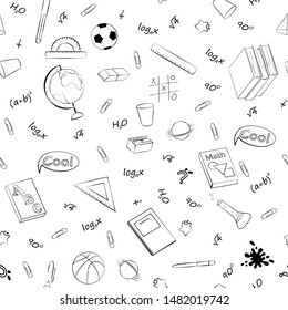 Set of monochrome vector seamless pattern with school supplies and stationery. Bundle of accessories for lessons, items for education of smart pupils and students. Linear hand drawn illustration