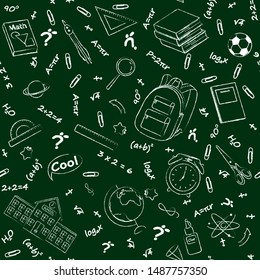 Set of monochrome vector seamless pattern with school supplies and stationery. Bundle of accessories for lessons, items for education of smart pupils and students. Linear hand drawn illustration