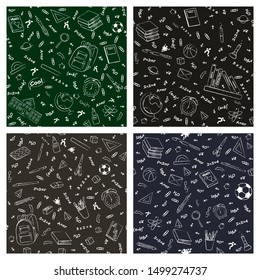 Set of monochrome vector seamless pattern with school supplies and stationery. Bundle of accessories for lessons, items for education of smart pupils and students. Linear hand drawn illustration