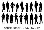 Set of monochrome vector silhouettes of male, female, and kids characters standing in rear view, simple back view icons isolated on white background.