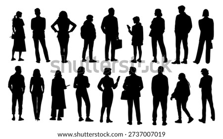 Set of monochrome vector silhouettes of male, female, and kids characters standing in rear view, simple back view icons isolated on white background.