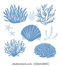 Set of monochrome vector silhouettes of seaweed of different shapes, highlighted on a blue background Underwater flora, marine plants. Linear clipart. Vintage marine plants