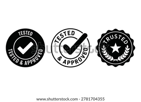 Set of monochrome verified stamps including circle check marks and laurel wreath star icon for product certification.