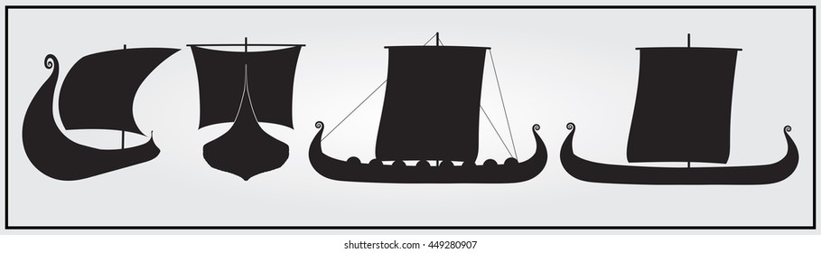 Set of monochrome Viking ship icons. Black and white isolated  ship icons.