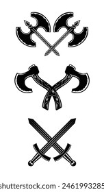 Conjunto de Elementos monocromos de armas vikingas aislados sobre fondo blanco
