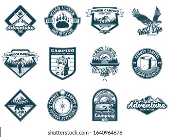 Set monochrome vintage colorful camping travel adventure emblems with eagle mountains river camper wild bear campfire knife forest. Badges sticker design American hipster travel vector illustration.