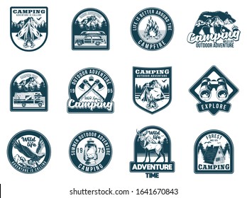 Set monochrome vintage colorful camping travel adventure emblems with eagle mountains river camper wild bear campfire knife forest. Badges sticker design American hipster travel vector illustration.