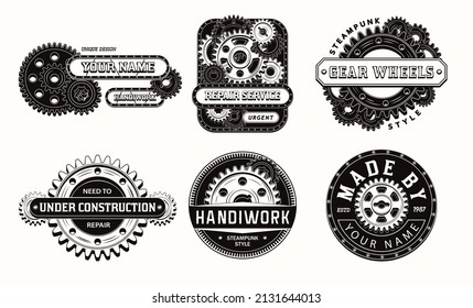 Set of monochrome vintage label with gear wheels, metal rails, rivets, text. Black emblems in steampunk style on white background. Good for craft design.