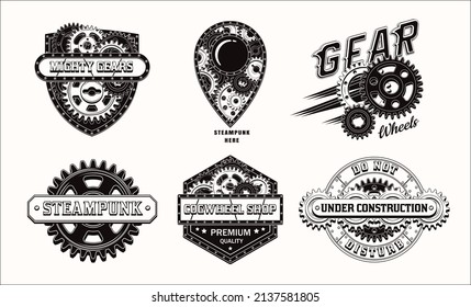 Set of monochrome vintage label with gear wheels, metal rails, rivets, text. Black emblems in steampunk style on white background. Good for craft design.