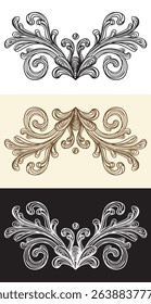 Set of monochrome vintage royal design elements. Scroll filigree wedding ornaments in abstract decorative style. Hand drawing retro pattern. Vector illustration for print, design and decoration