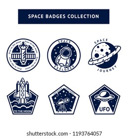 Set of monochrome vintage space and astronaut badges, emblems, logos and labels. Travel to the Universe. For kids and science club. Line art vector illustration. 