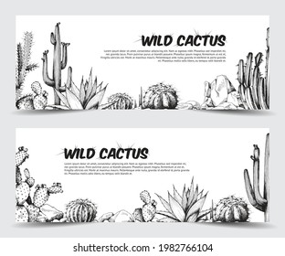 Set monochrome vintage style banners with cactuses and succulents, engraving vector illustration. Banner or flyer backgrounds with botanical decorative cactuses elements.