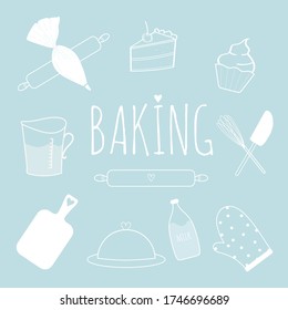 Set of monochrome white baking logos. Kitchenware and utensils hand drawn illustrations. Baking utensils flat style vector. Foods cooking baking isolated stuff icons. Highlights story templates.