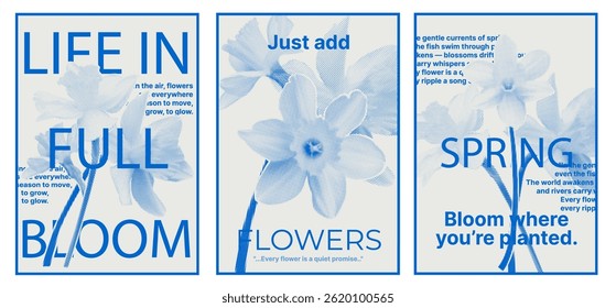 Set of monochrome white and blue vertical posters with flowers from collage and text. Poster, notebook cover, flyer, flower delivery advertisement. Vector graphics. EPS10