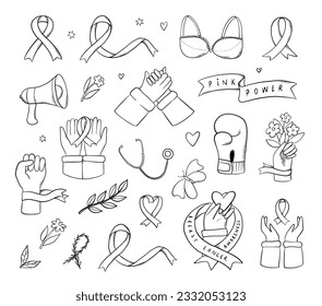 set of monochrome women's health, breast cancer awareness doodles