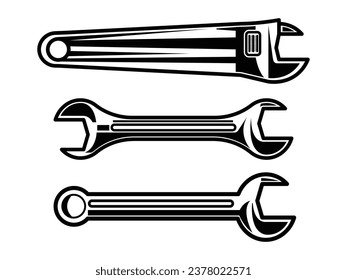 Set of monochrome wrench elements. Isolated on white background