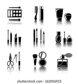 Set of monocrome makeup icons - mascara, polish, powders, lipsticks, perfume, lotions, comb, nail clipper. Vector