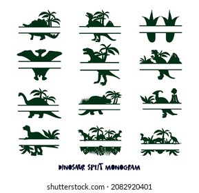 Set of monogram border frames. Silhouette of dinosaur with place for name. As template for wall decoration, scrapbooking element, sign, t shirt print. Vector illustration. Ready for cutting machines