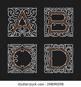 The set of monogram emblem. Elegant frames ornament logo design in line style with letters A, B, C, D. Vector Illustration.