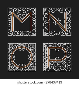 The set of monogram emblem templates. Elegant frames ornament logo design in line style with letters M, N, O, P. Vector Illustration.