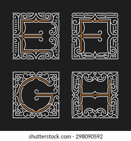 The set of monogram emblems. Elegant frames ornament logo design in line style with letters E, F, G, H. Vector Illustration.