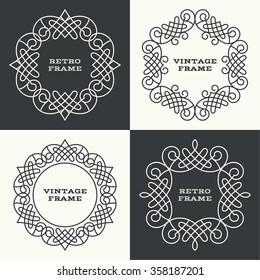 Set of monogram line vintage frames. Greeting cards. Wedding invitations. Retro style. Vector logo template, labels and badges