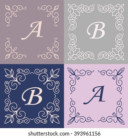 Set of monogram line vintage frames. Greeting cards. Wedding invitations. Retro style. Vector logo template, labels and badges