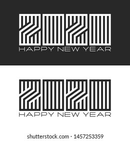 Set monogram Logo 2020 number and text Happy New Year black and white colors, minimal style linear emblem, design element for typography greeting card or calendar cover