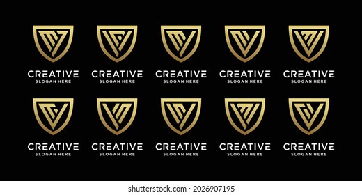 Conjunto de diseños de logotipo de monograma vm inicial con color de estilo dorado y protector Vector Premium