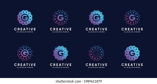 Set of monogram logo design for technology initial letter G with line art and dot style