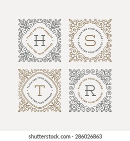 Set of monogram logo template with flourishes calligraphic elegant ornament frames. Identity design with letter for cafe, shop, store, restaurant, boutique, hotel, heraldic, fashion and etc.