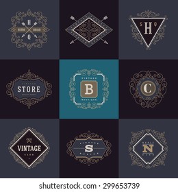 Conjunto de plantillas de logotipo de monograma con florecientes elementos caligráficos de adorno elegante. Diseño de identidad con carta para café, tienda, tienda, restaurante, boutique, hotel, heráldico, moda, etc.