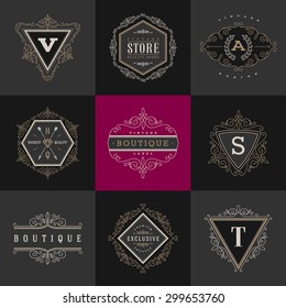 Set of monogram logo template with flourishes calligraphic elegant ornament elements. Identity design with letter for cafe, shop, store, restaurant, boutique, hotel, heraldic, fashion and etc.