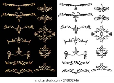  Set monograms and frameworks for the design in the style of retro gold on the black background and black on a white background.