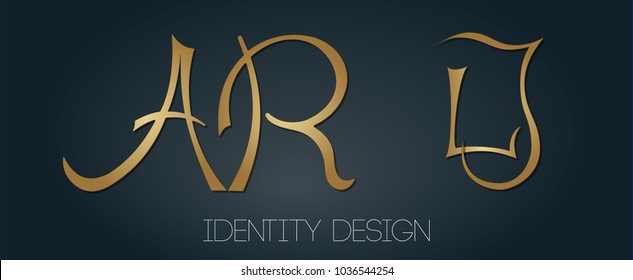 Set of monograms with golden letters AR and JL on dark background for logotype design and branding