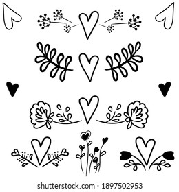 Set of monograms with hearts and twigs of plants with flowers. Template for books, postcards and text decoration. vector line graphics