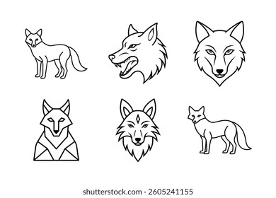 Set of Monoline Animal Silhouettes: Wolves and Foxes