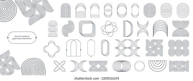 Satz monoline geometrischer Elemente. Minimalistische abstrakte dünne Linien. Für Social-Media-Beiträge und Geschichten. Bogenbogen, Lichtbogen, Rundbogen, Ellipse, Welle und Quadrat. Boho ästhetisch.