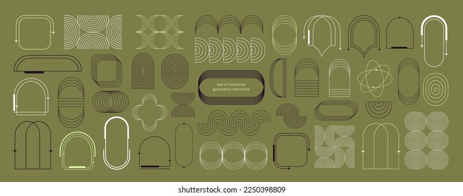 Satz monoline geometrischer Elemente. Minimalistische abstrakte dünne Linien. Für Social-Media-Beiträge und Geschichten. Bögen, Bogen, rund, Ellipse und Quadrat. Boho ästhetisch.