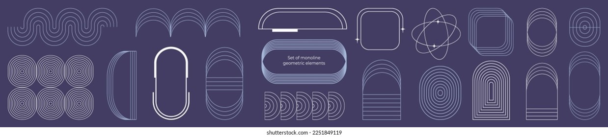 Satz monoline geometrischer Elemente. Minimalistische abstrakte dünne Linien. Für Social-Media-Beiträge und Geschichten. Bögen, Bogen, rund, Ellipse und Quadrat. Boho ästhetisch.