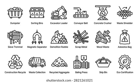 Set of monoline icons representing various stages of waste management and recycling processes