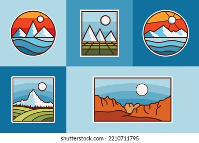 Set Of Monoline Line Art Badge Outdoor Patch Adventure Illustration, Logo, Sticker