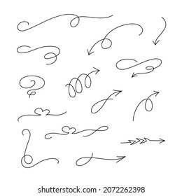 Set of monoline minimalist decorations - arrows, dividers, corner. Freehand trendy drawings. Vector isolated on white background.