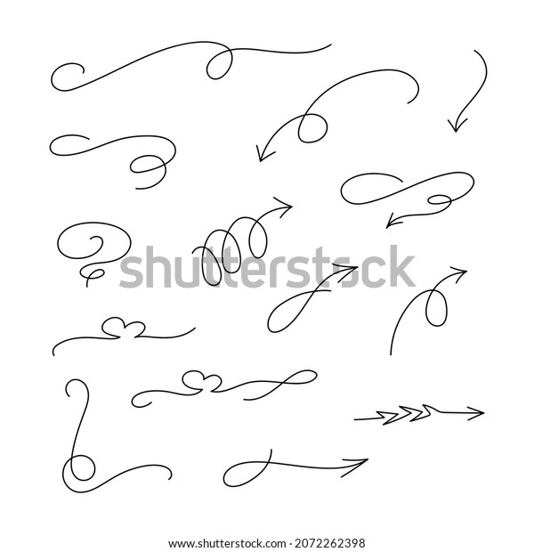 Set of monoline minimalist decorations -\
arrows, dividers, corner. Freehand trendy drawings. Vector isolated\
on white background.