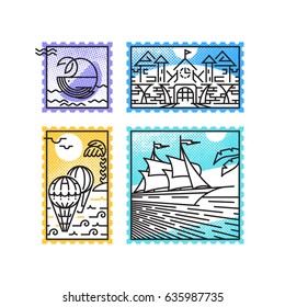 Set of monoline postage stamps, sea vacation and marine theme. Postal decorations for letters and designs  