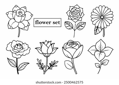 Set monoline silhouette flowers, many flower, black and white flower for your design
